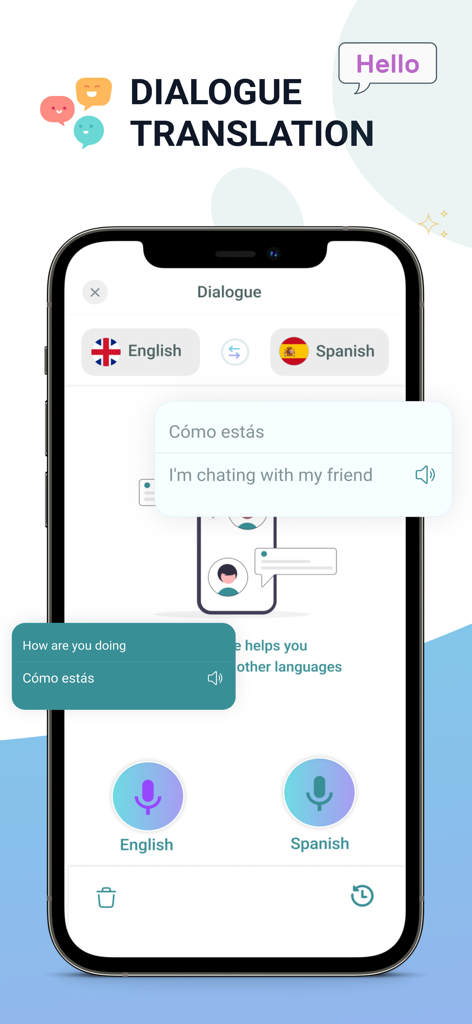 Nice Translate - Translator - Interface of Nice Translate app showing English to Spanish voice and dialogue translation on an iPhone screen