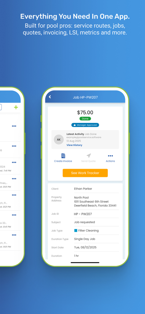 Pool Service Software - Pool Service Software mobile app showing a detailed job record with client info and service tracking for a filter cleaning