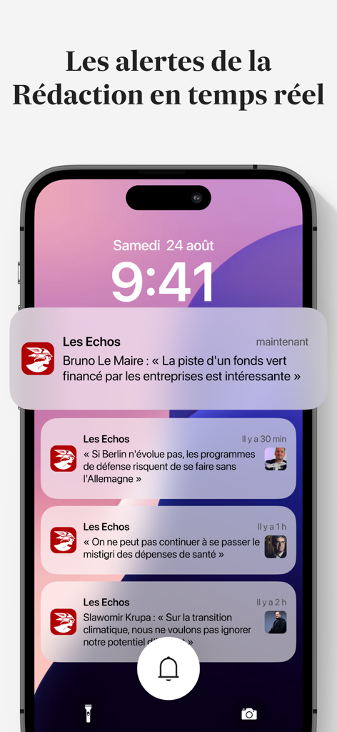 Écran de verrouillage de l'iPhone affichant des alertes d'actualités en temps réel de l'application Les Echos