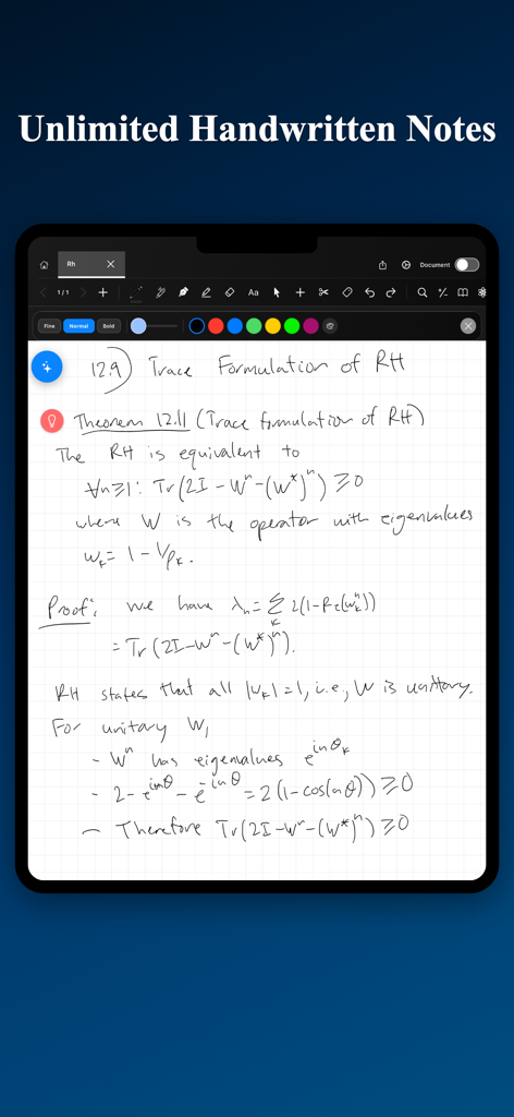 MathNotes: AI Notes for STEM - MathNotes app interface on iPad showing complex handwritten mathematical proofs and study notes