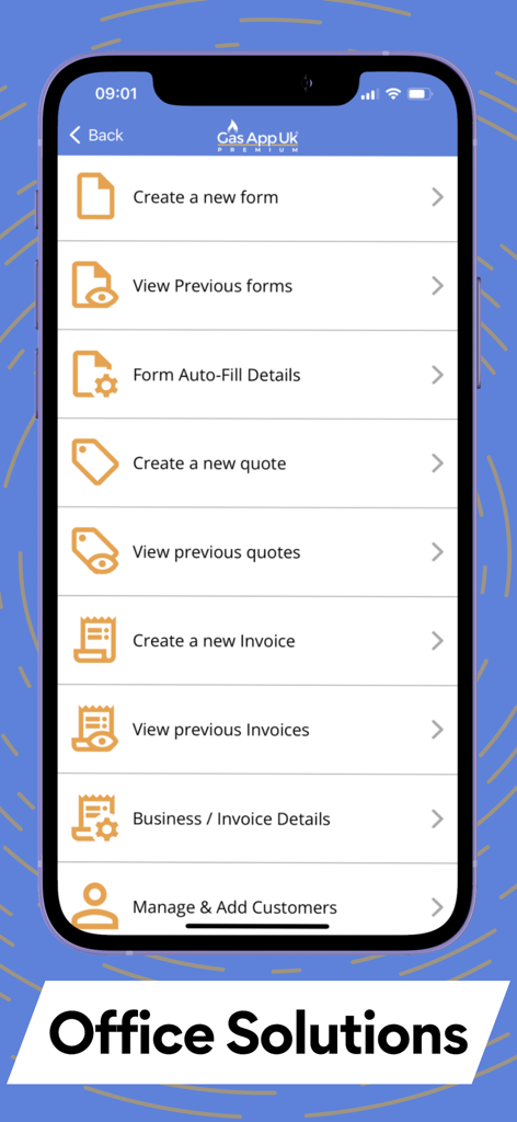 Gas App Uk mobile interface showing office solutions menu for forms invoicing and quotes