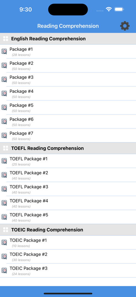 English Reading + - A menu of categorized English, TOEFL, and TOEIC reading comprehension lesson packages