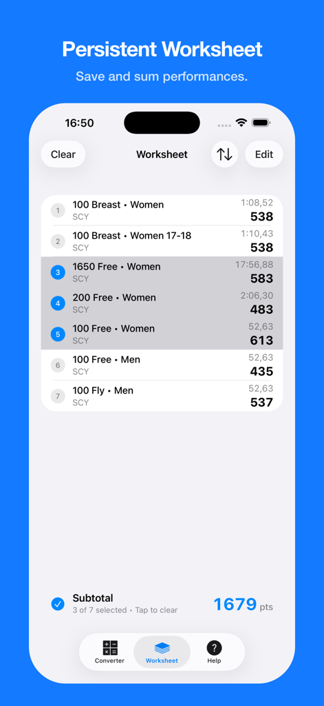 SwimX - Swim Time Converter - SwimX app worksheet interface showing saved swimming event times and a calculated subtotal of performance points