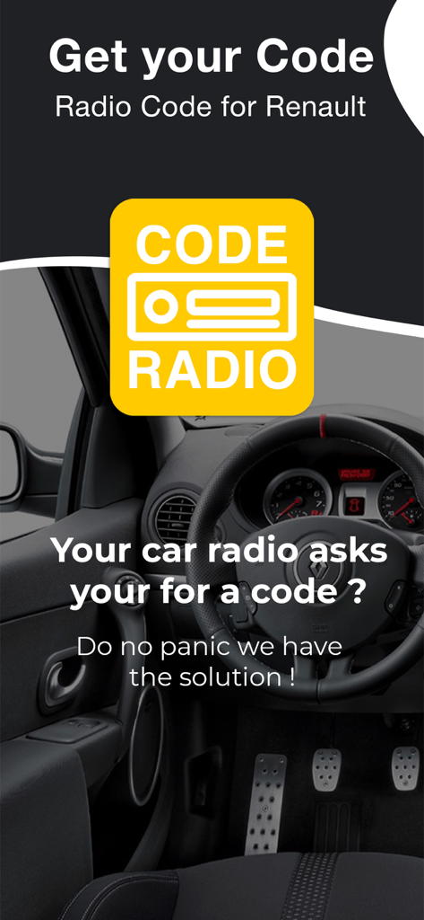 Promotional graphic for the Radio Code Renault app featuring a car interior and instructions to unlock a radio