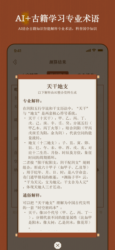 易理禅心：婚姻感情复合正缘桃花,手相面相易经算卦生肖配对合婚 - Mobile app interface showing AI powered explanation of traditional Chinese Heavenly Stems and Earthly Branches terminology