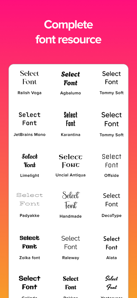 Un menú que muestra una amplia variedad de estilos de fuente profesionales disponibles en la aplicación creadora de folletos