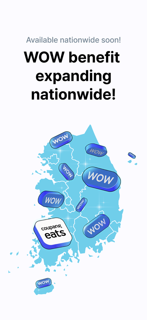 Map of South Korea highlighting the nationwide expansion of Coupang Eats WOW membership benefits.