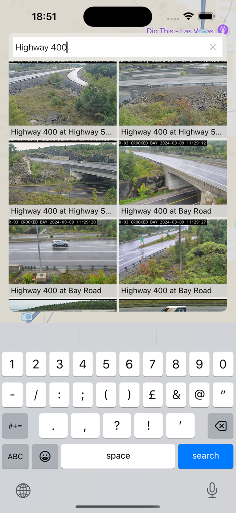 Search results in the USA Traffic Cameras app showing live feed thumbnails for Highway 400