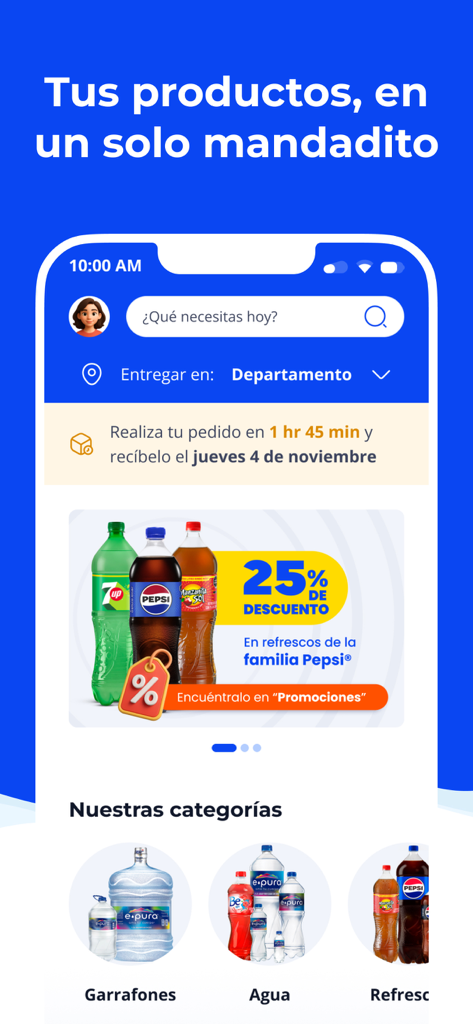 Mi Mandadito ePura - Pantalla de inicio de la app Mi Mandadito ePura que muestra categorías de bebidas y promociones de entrega