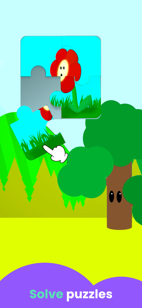 Un rompecabezas de flores de dibujos animados que se está resolviendo en un entorno de bosque