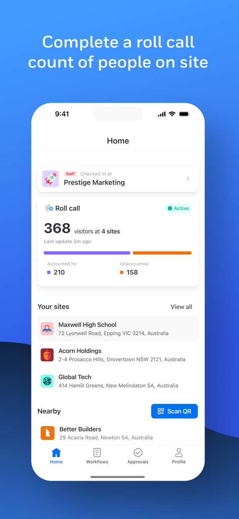 Sine Pro mobile app dashboard displaying real-time visitor roll call data and site management features