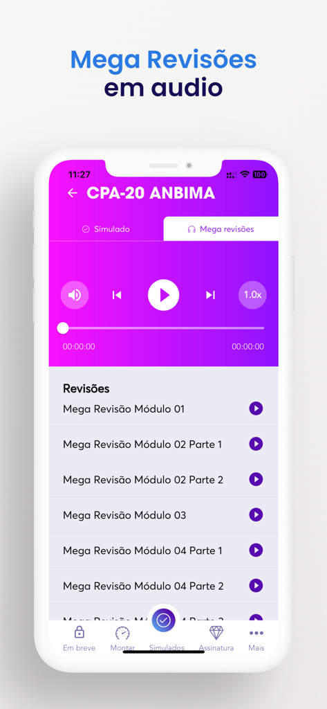 Simulados Topinvest - Interface do aplicativo móvel Simulados Topinvest exibindo módulos de revisão em áudio para certificações financeiras