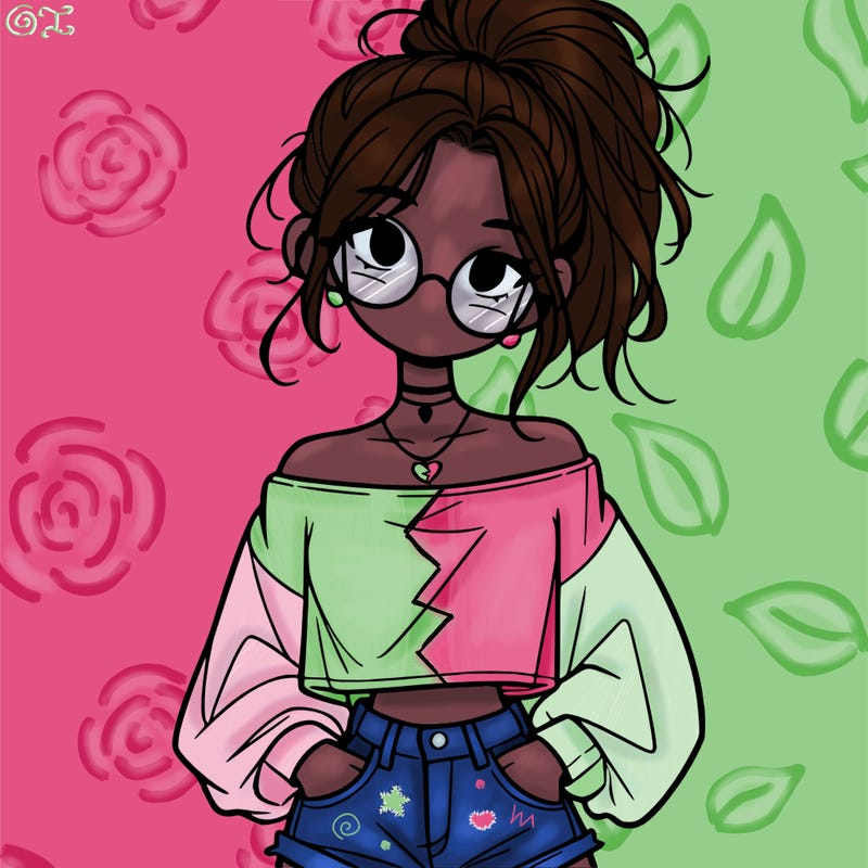 girl with a messy ponytail glasses a baggy crop top and jean shorts