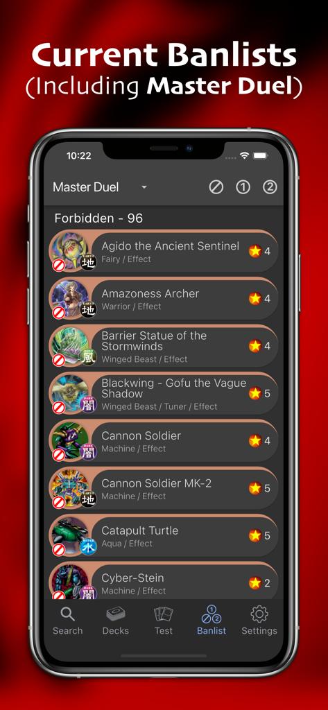 Yugipedia Deck Builder - Yugipedia app showing the current forbidden card list for the Yu-Gi-Oh Master Duel format