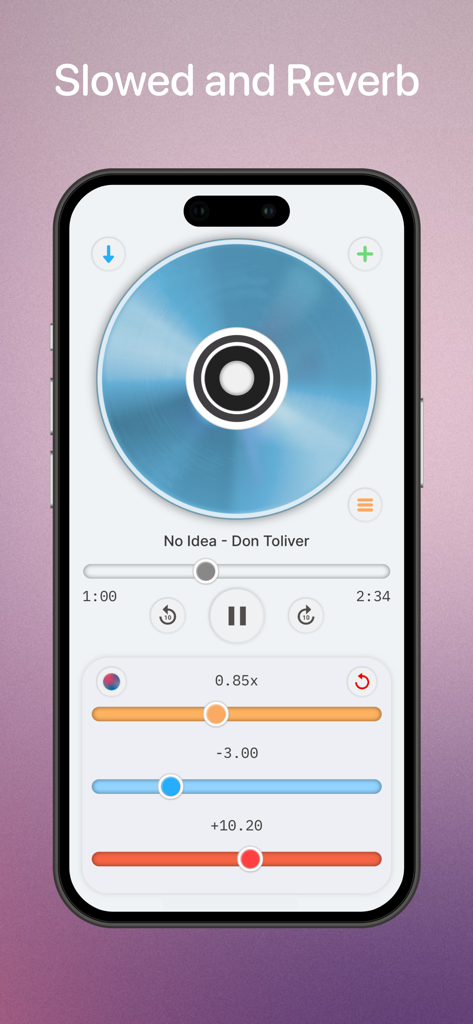 Alinea Music - Aplicación Alinea Music mostrando el reproductor de música slowed and reverb con un CD azul giratorio y sliders de efectos de audio.