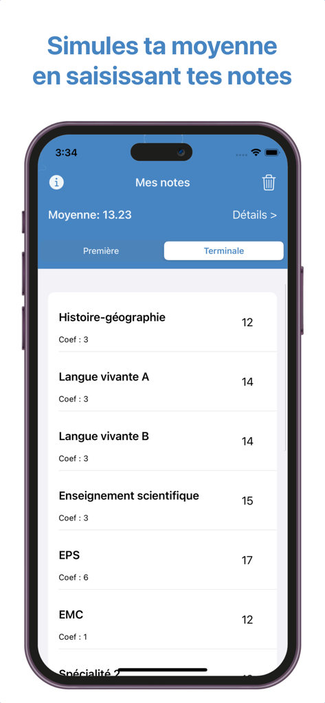 Interface of the French Baccalaureate average simulator showing a list of subjects and grades for Terminale students.