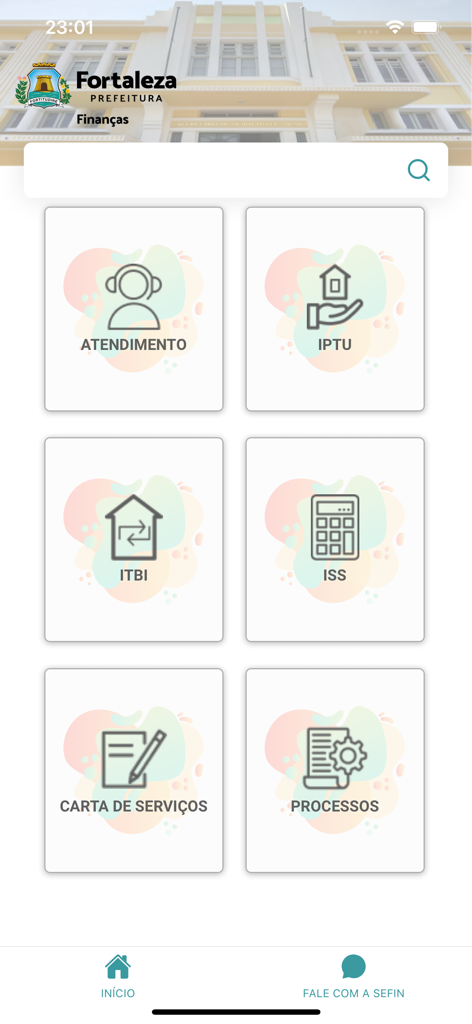 Sefin Digital - Sefin Digital app home screen displaying icons for municipal services including IPTU and ITBI taxes in Fortaleza