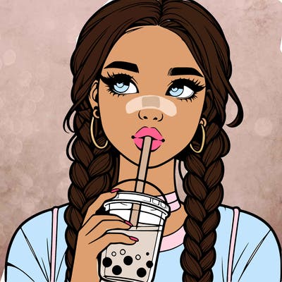 realistic girl with braided hair drinking boba