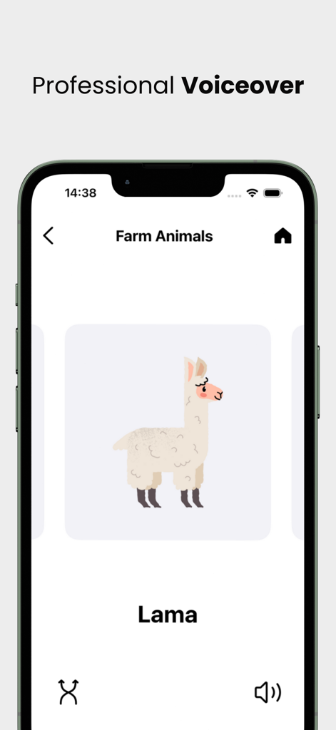 FunCards- first English words! - Flashcard de lhama com narração profissional no aplicativo educacional FunCards