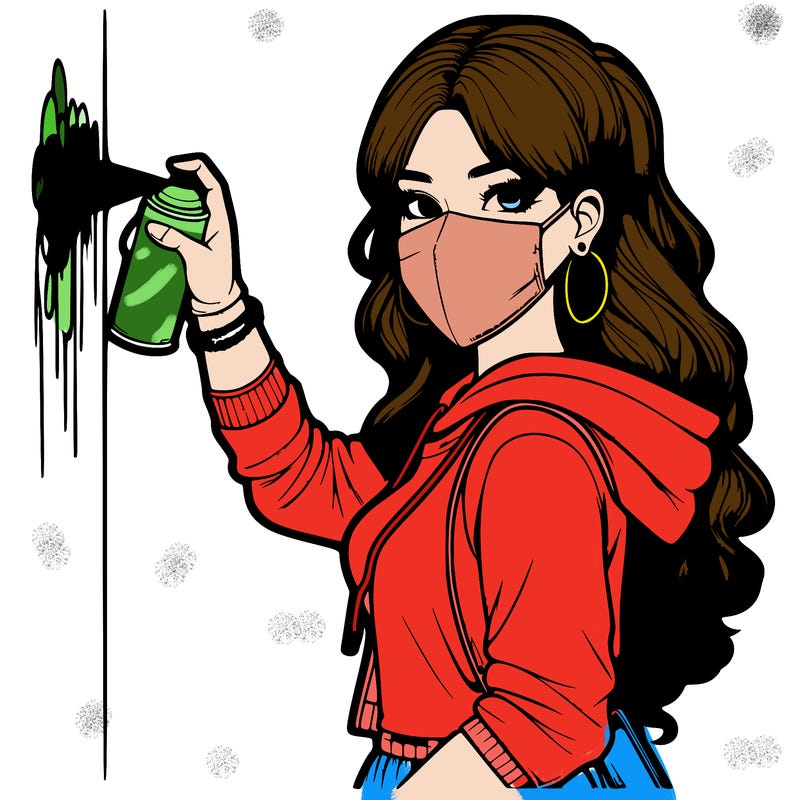 realistic girl with mask spray painting a wall