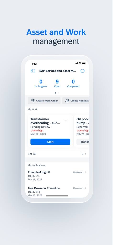 SAP Service and Asset Manager - Dashboard der SAP Service and Asset Manager App, das den Status von Anlagen und Arbeitsaufträgen anzeigt, einschließlich Arbeitsaufträgen und Benachrichtigungen.