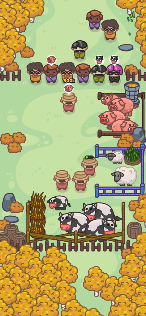 Top down view of animal pens with cows sheep and pigs in Farm Bliss Tycoon
