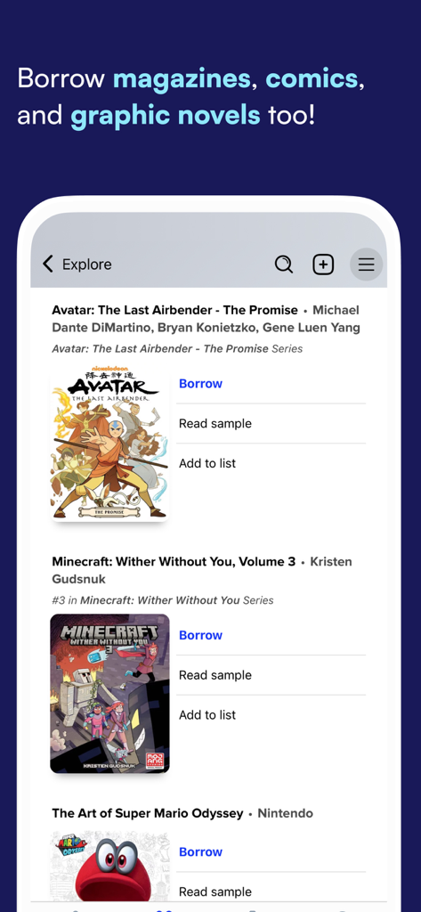 Sora mobile app explore screen showing digital comics and graphic novels available for student borrowing