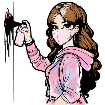 realistic girl with mask spray painting a wall