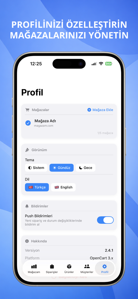 OpenCart Admin - L'écran de profil et des paramètres de l'application OpenCart Admin présentant la gestion des boutiques et les options d'apparence de l'application.