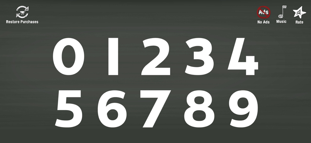 Tela de seleção principal do aplicativo de aprendizado infantil Trace Numbers, mostrando os números de zero a nove em um fundo de quadro negro.
