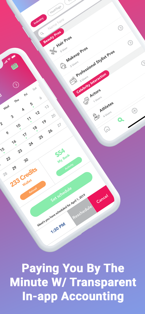 Meet - Interfaz de la aplicación Meet que muestra categorías profesionales de peluquería y maquillaje junto con un panel de billetera para rastrear ganancias y gestionar horarios.