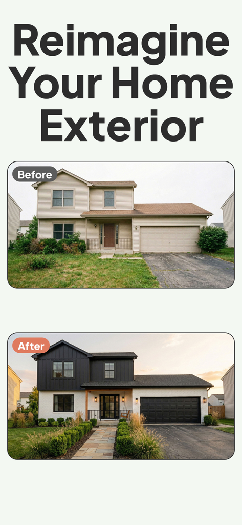 AI Home Design - Decorify - Before and after house exterior makeover using AI home design app.