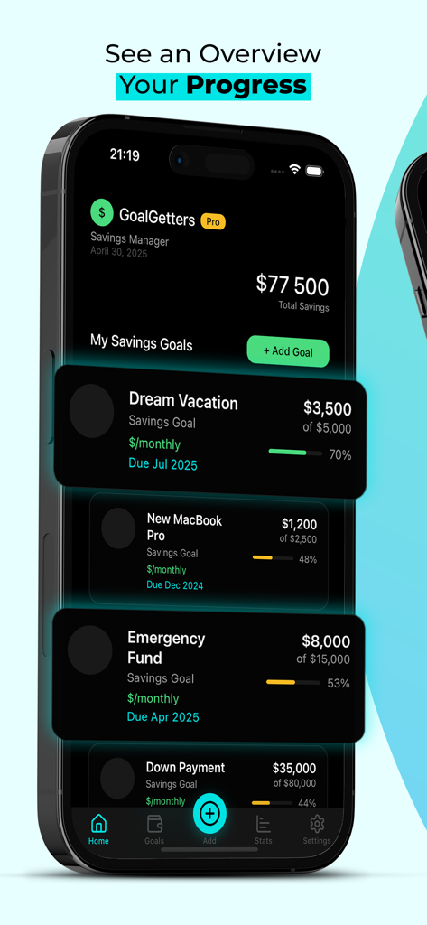 Goal Getters: Money Save Track - Screenshot of the Goal Getters app showing a dashboard with multiple savings goals including a dream vacation and a new MacBook Pro with their respective progress bars
