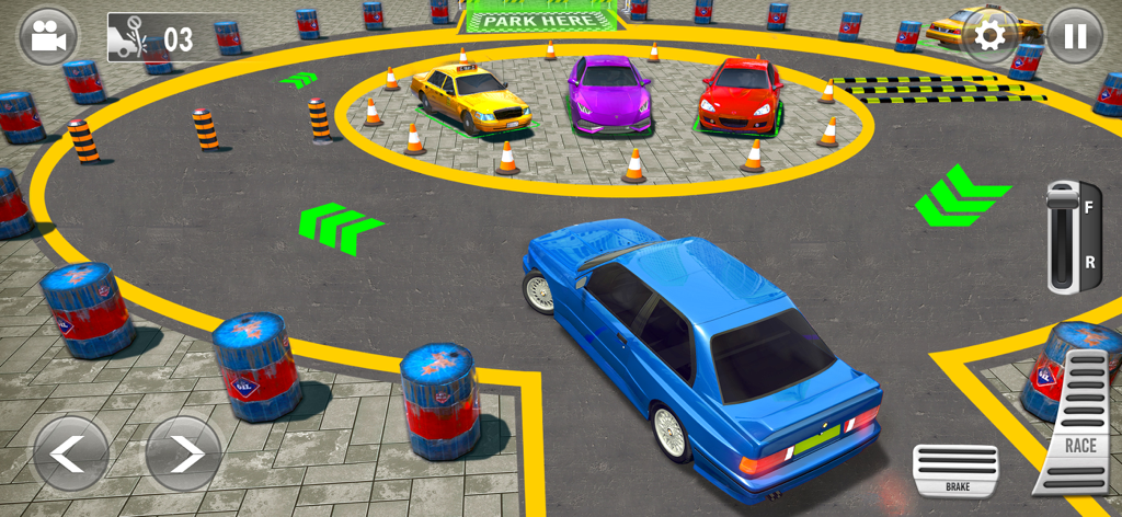 Car Parking Drive: Car Games - Jugabilidad de Car Parking Drive mostrando un coche azul navegando por un circuito circular de obstáculos con otros coches aparcados