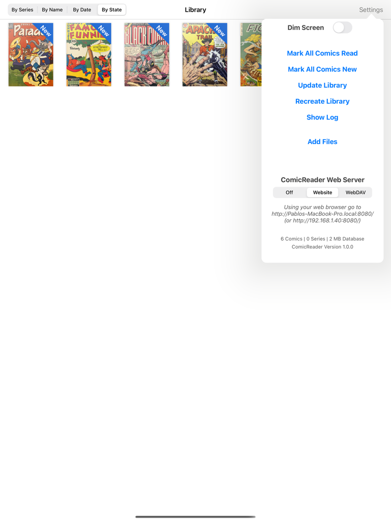 ComicReader - ComicReader iPad app showing a library of digital comics and the settings menu with file management and web server options