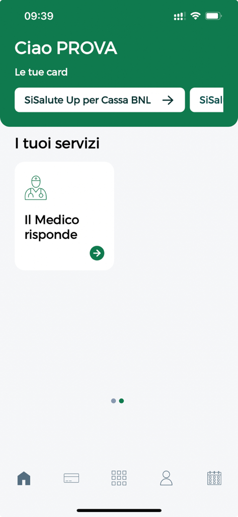 SiSalute Up per CASSABNL - Dashboard of SiSalute Up per CASSABNL app showing the health services section and doctor consultation option.