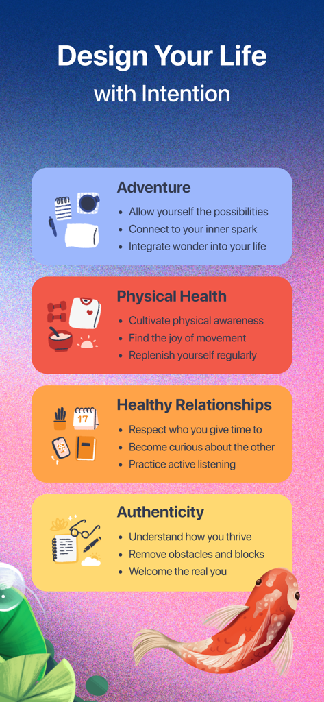 Elixir: Find Balance & Purpose - A list of four categories for intentional living: Adventure, Physical Health, Healthy Relationships, and Authenticity.