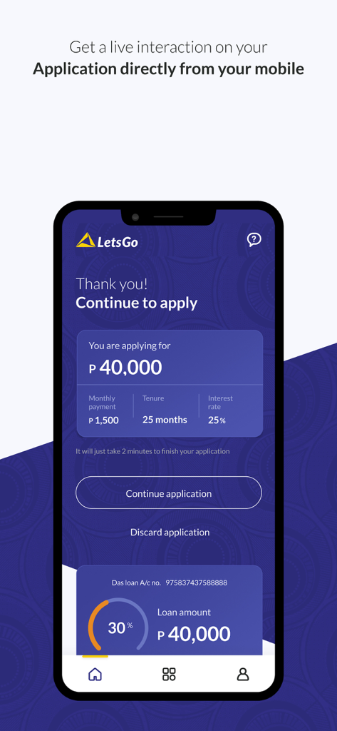 LetsGo Powered by Letshego - A mobile phone displaying the LetsGo app loan application screen with a summary of the loan amount, monthly payments, and tenure.
