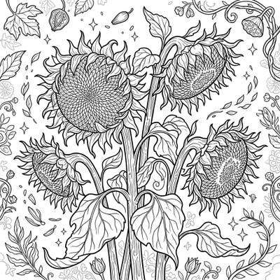 This intricate coloring template beautifully captures the natural elegance of wilting sunflowers, showcasing their unique beauty in the late stages of bloom. It's a perfect artistic challenge for those who appreciate nature's full cycle and enjoy detailed botanical illustrations.