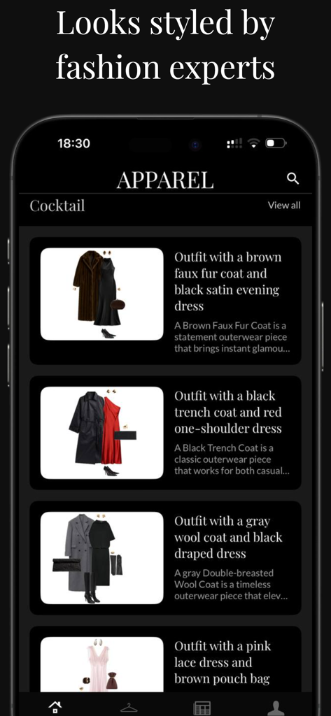 ApparelStyle - ApparelStyle App-Oberfläche, die kuratierte Cocktail-Outfit-Empfehlungen mit Fotos und Beschreibungen zeigt.