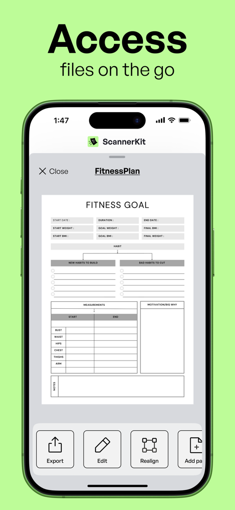 Scannerkit: PDF & Scanner App - ScannerKit app showing a scanned fitness plan document on an iPhone screen