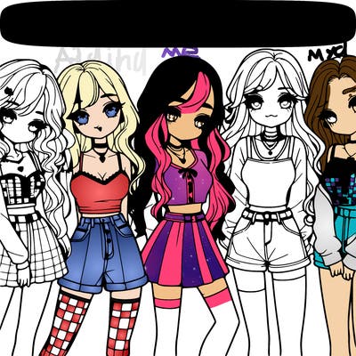 a group of six realistic girls in cute outfits