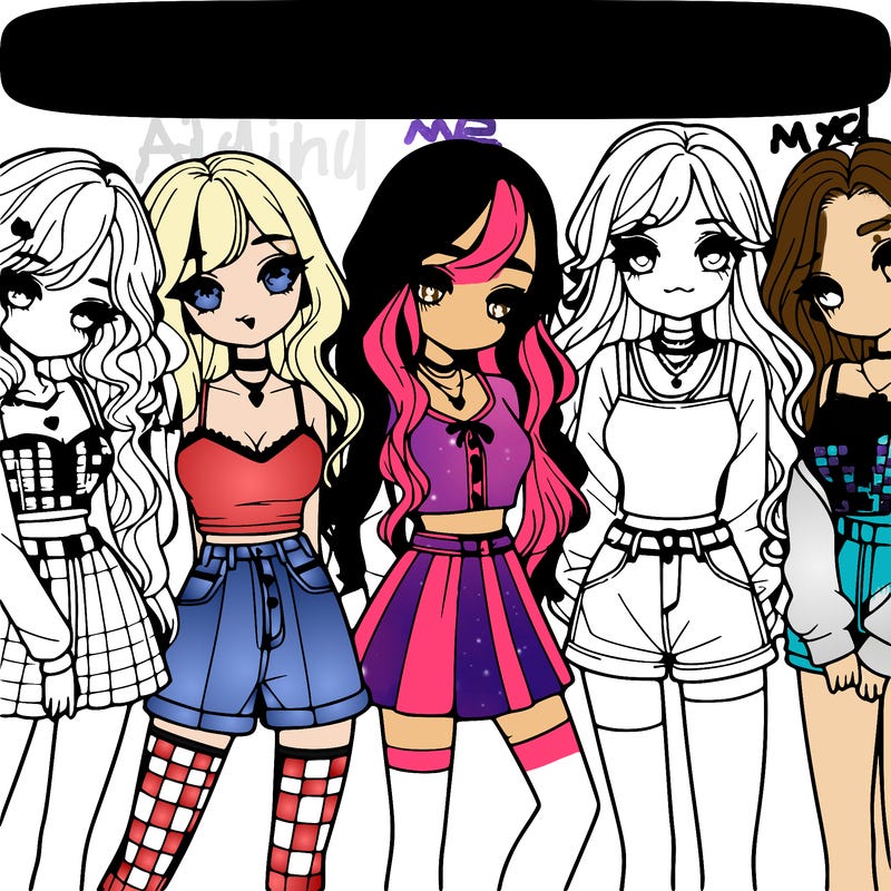 a group of six realistic girls in cute outfits