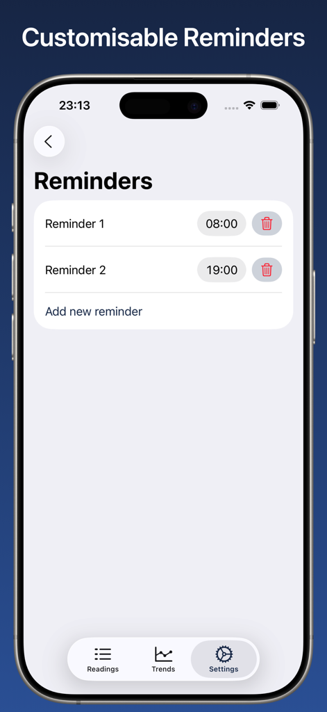 Une interface mobile de l'application Blood Pressure Monitor Connect montrant des rappels quotidiens personnalisables pour l'enregistrement des données de santé.