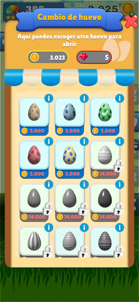 Crack Egg: Tap & Hatch Fun - In-game menu showing a grid of different colorful eggs to choose for hatching with coin prices and lock icons.
