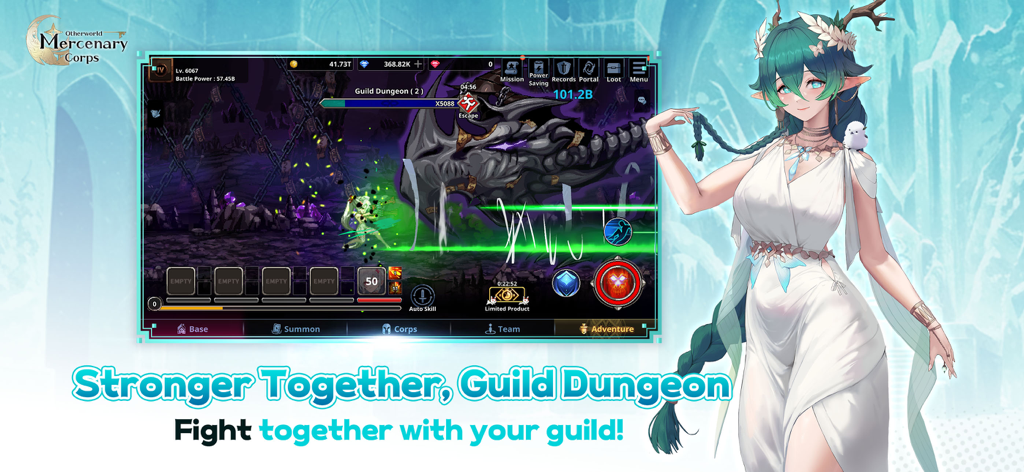 Otherworld Mercenary Corps - Guild Dungeon boss battle in Otherworld Mercenary Corps with anime character and pixel graphics