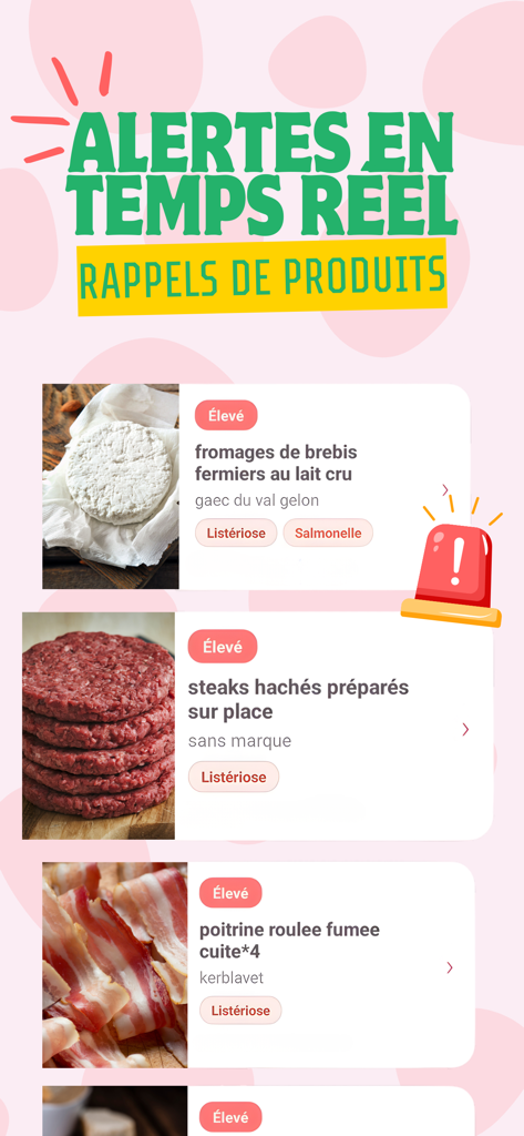 Bien Manger Enceinte - Scanner - Interface of a pregnancy app displaying real-time food recall alerts and safety warnings for high-risk products like raw milk cheese and ground beef.