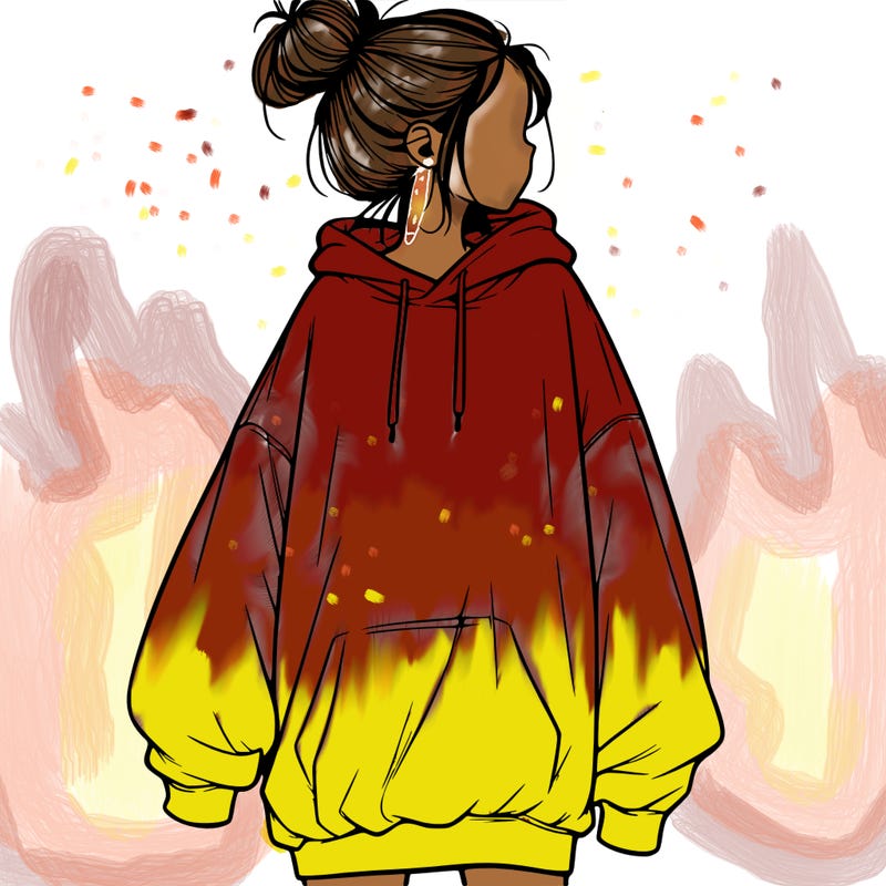 realistic girl with a oversized sweatshirt on and a bun