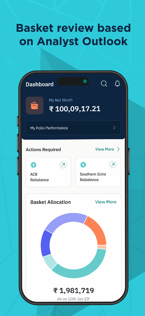 Geojit Smartfolios - Geojit Smartfolios app dashboard showing net worth and portfolio basket allocation chart
