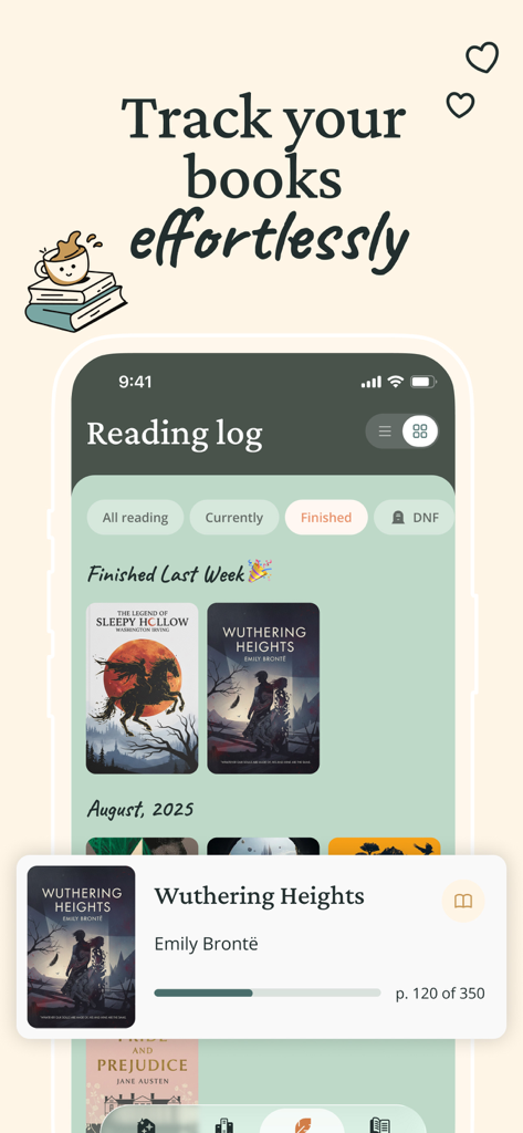 Reading Journey app showing an aesthetic reading log with book covers and progress bar